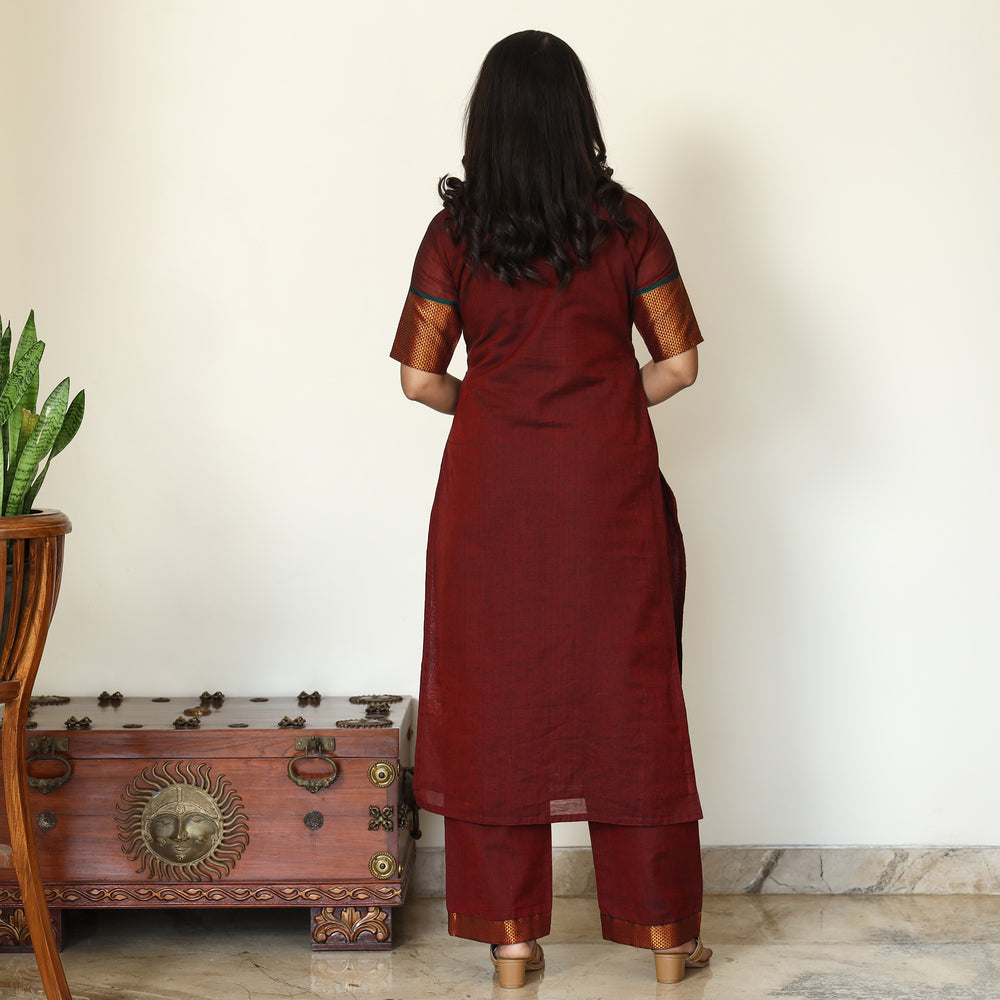 Maroon - Dharwad Cotton Kurta with Palazzo & Dupatta Set 08