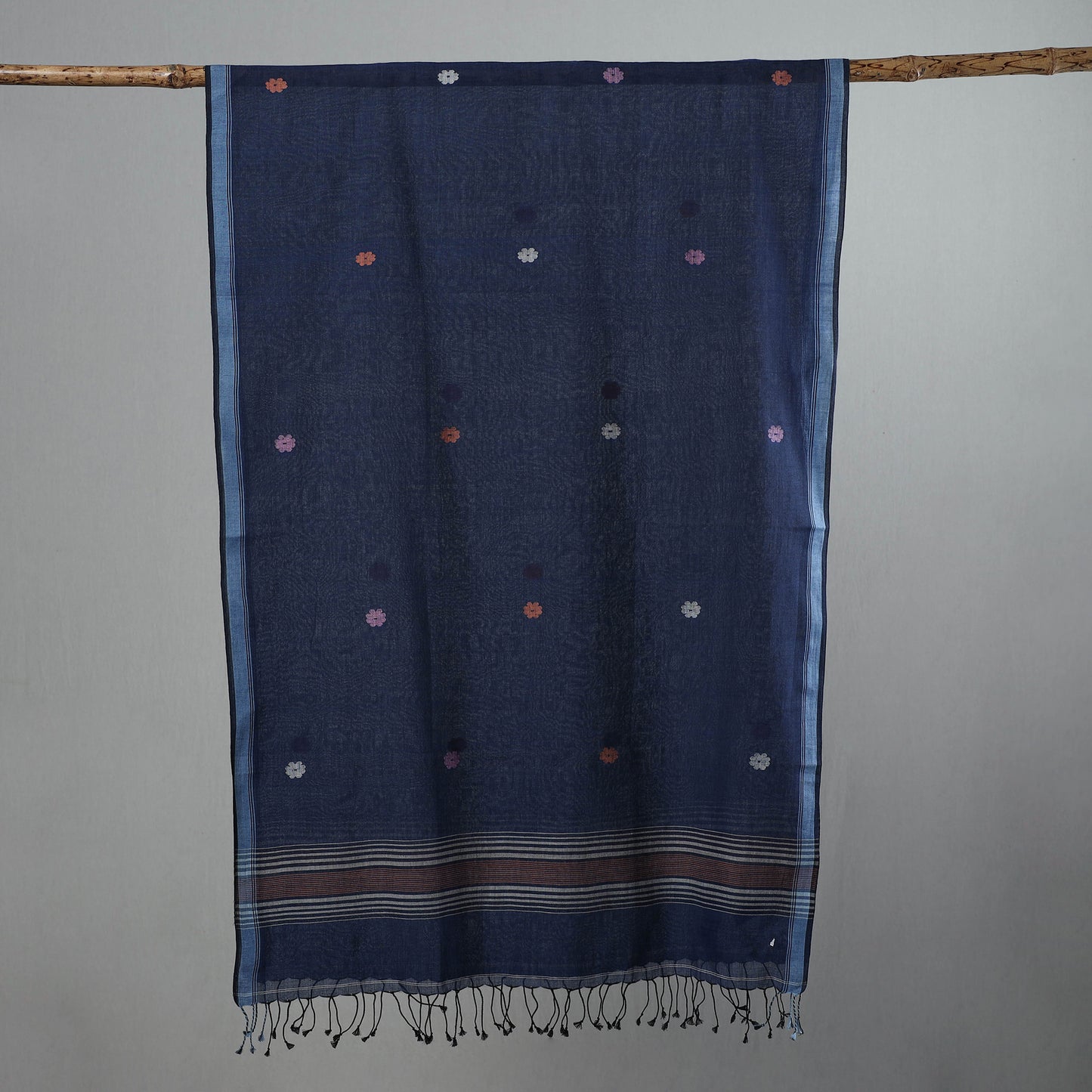 Blue - Pure Cotton Phulia Jamdani Handloom Stole with Tassels 08