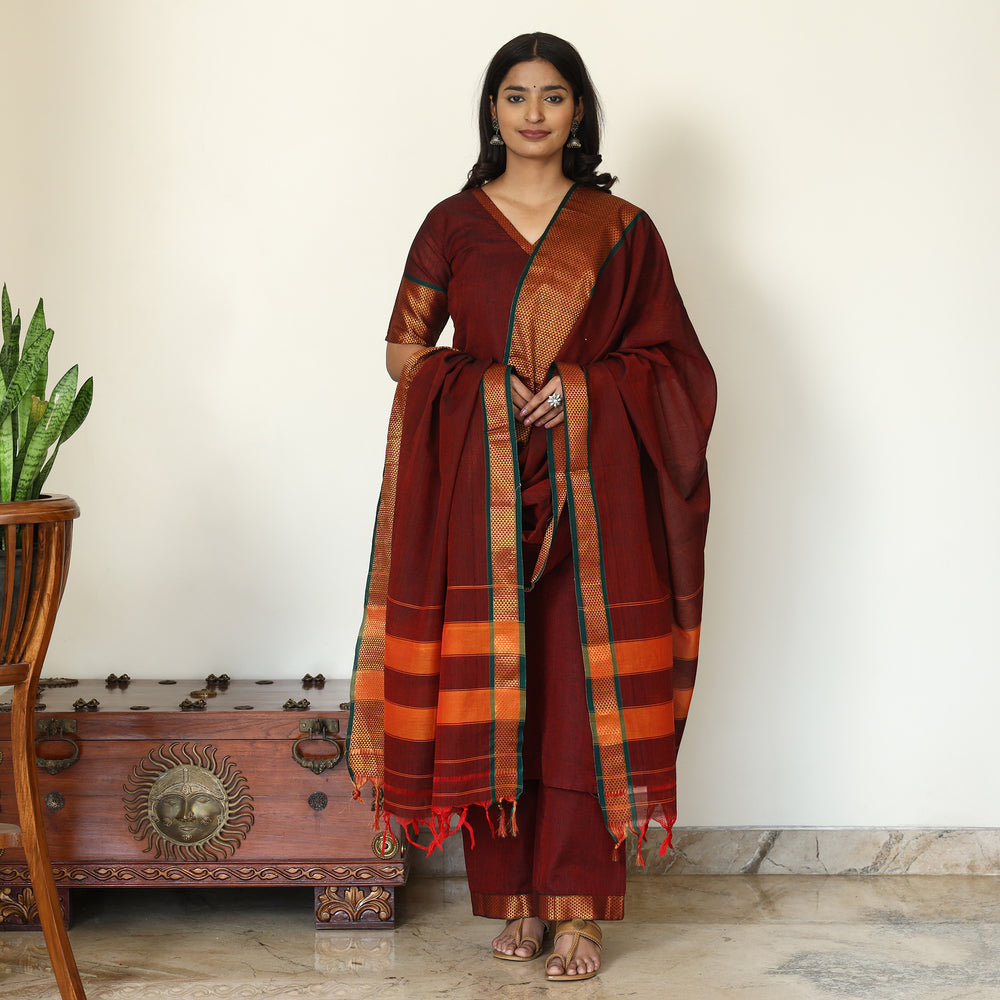 Maroon - Dharwad Cotton Kurta with Palazzo & Dupatta Set 08