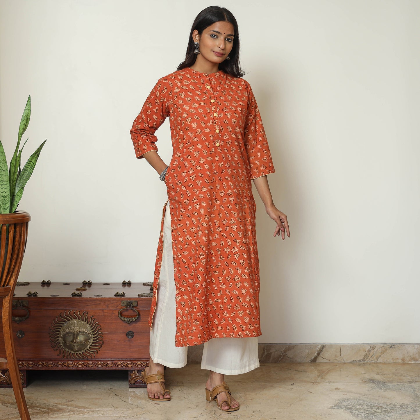 Orange - Pedana Kalamkari Hand Block Printed Cotton Straight Kurta 54