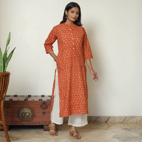 Orange - Pedana Kalamkari Hand Block Printed Cotton Straight Kurta 54
