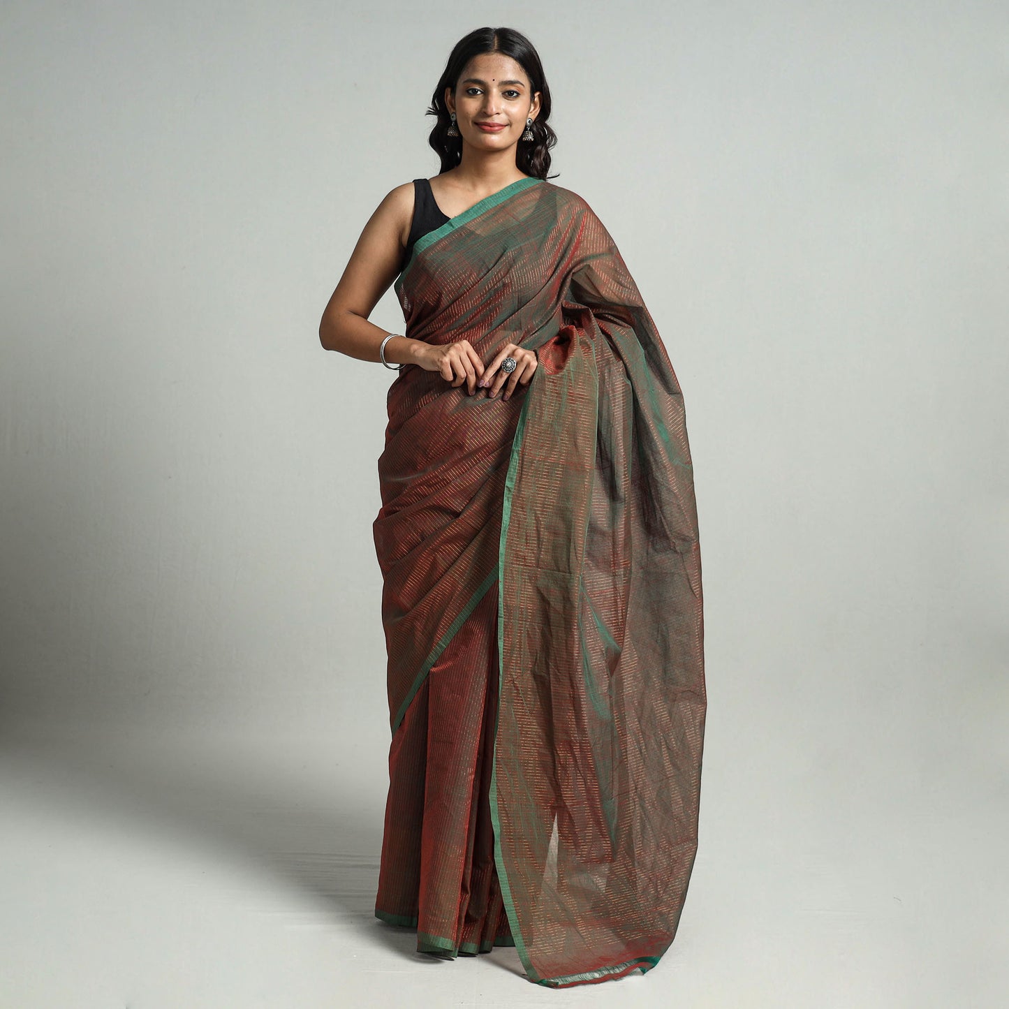 Brown - Traditional Venkatagiri Handloom Cotton Zari Stripe Saree 19