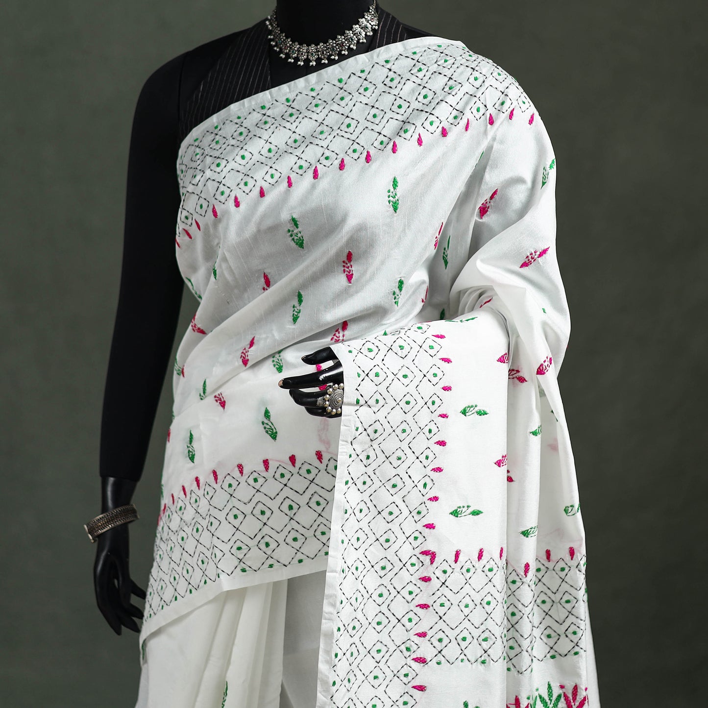 White - Bengal Nakshi Kantha Hand Embroidered Silk Saree 38