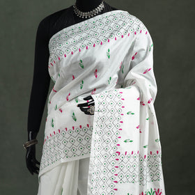 White - Bengal Nakshi Kantha Hand Embroidered Silk Saree 38