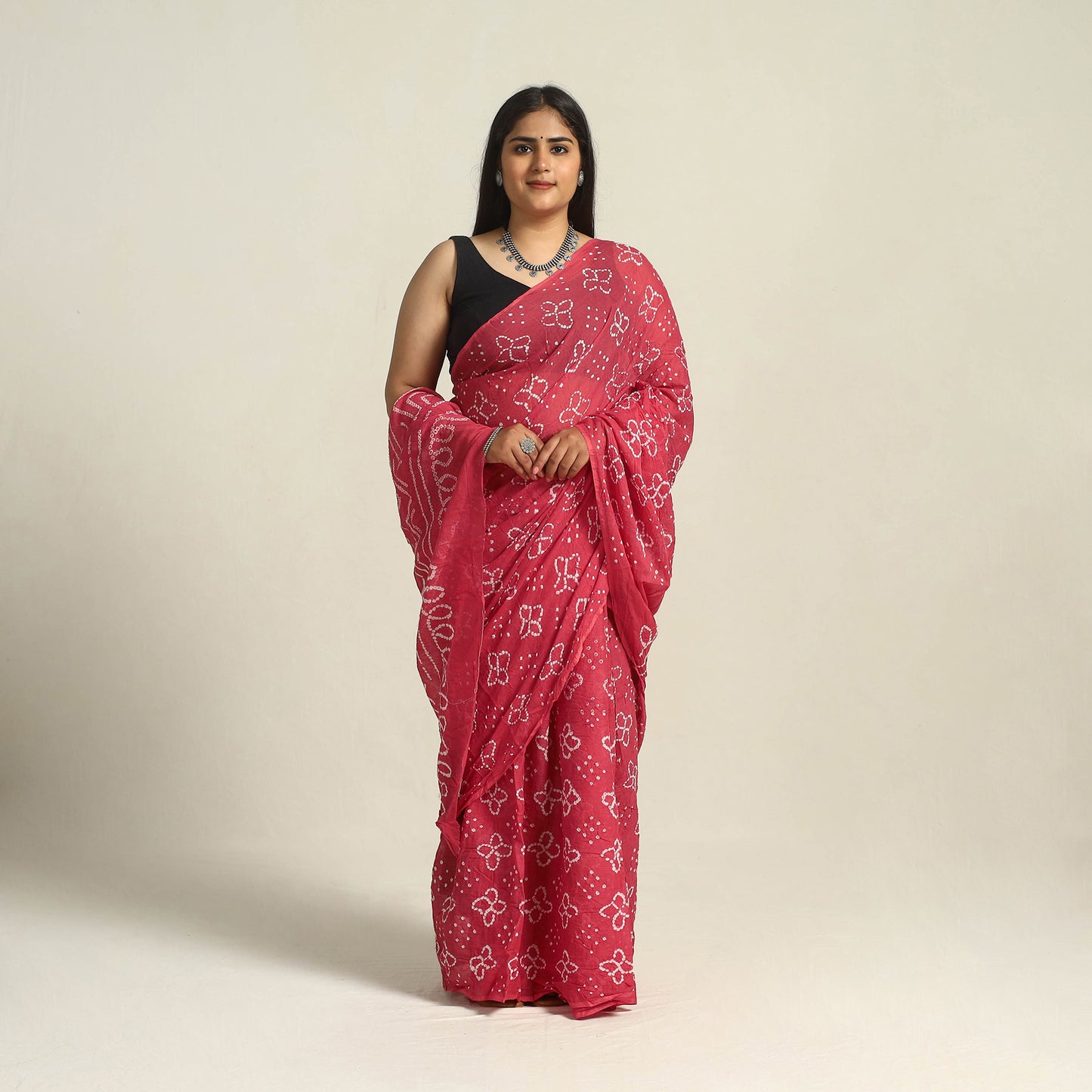 Pink - kutch bandhani tie-dye cotton saree with blouse