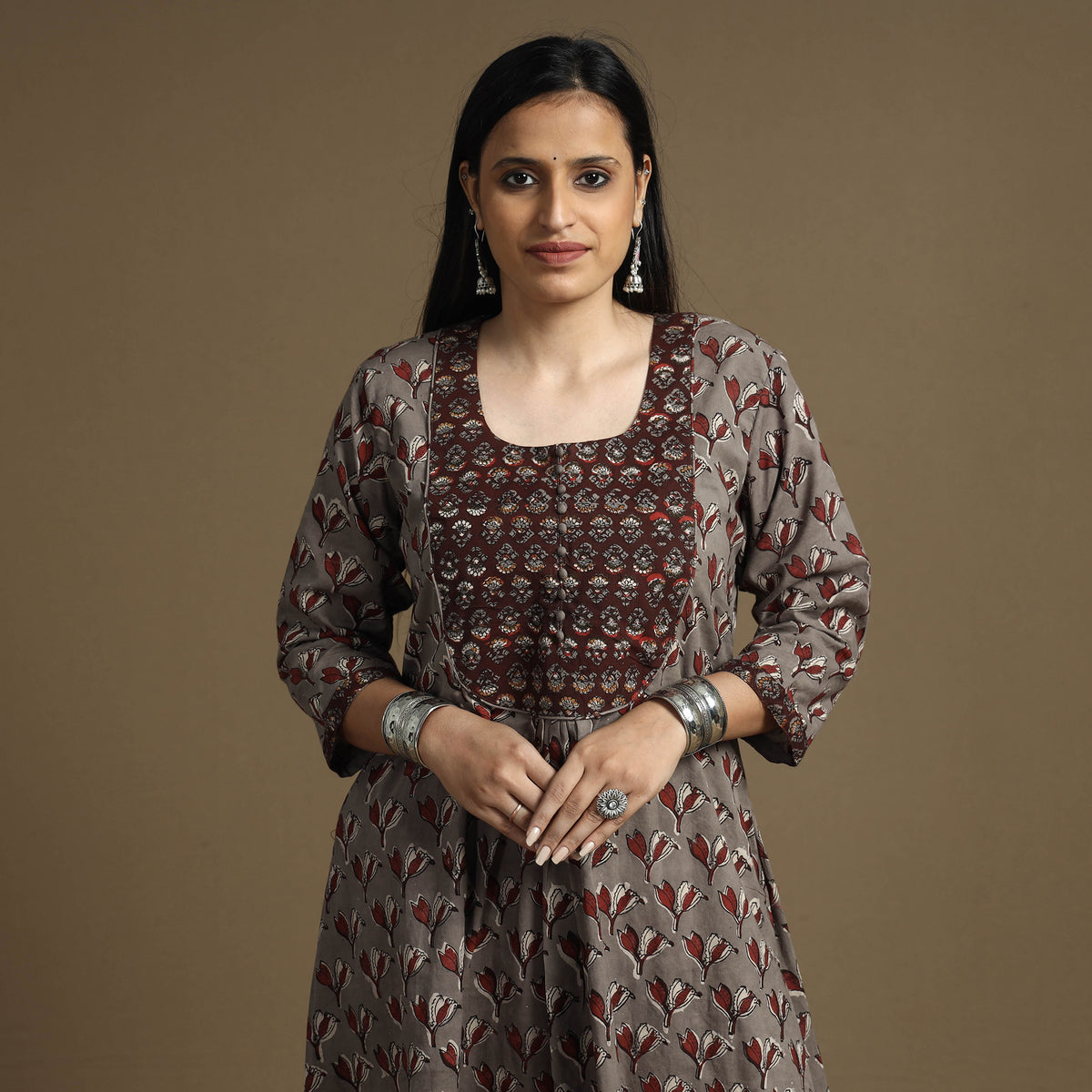 Brown - Bagru Hand Block Printed Cotton A-Line Long Kurta