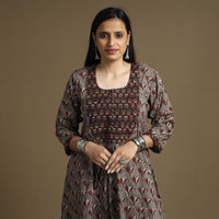 Brown - Bagru Hand Block Printed Cotton A-Line Long Kurta