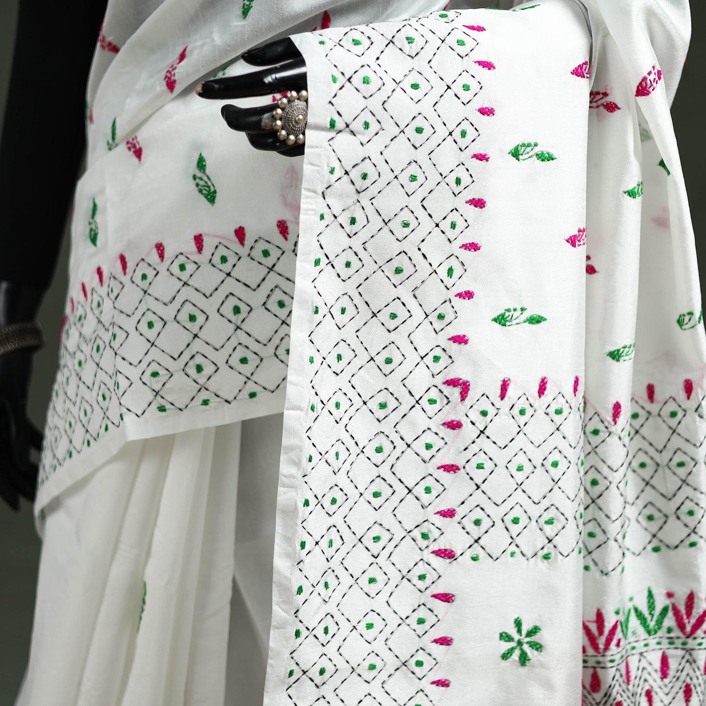 White - Bengal Nakshi Kantha Hand Embroidered Silk Saree 38