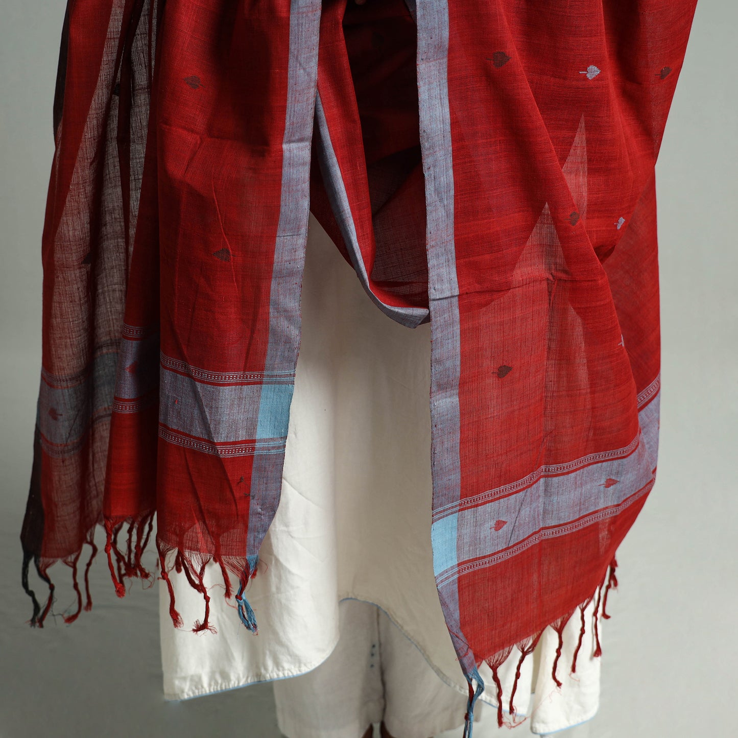 Red - Godavari Jamdani Buti Handloom Handspun Cotton Dupatta with Tassels 17