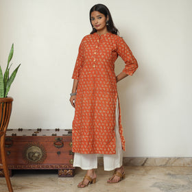 Orange - Pedana Kalamkari Hand Block Printed Cotton Straight Kurta 54