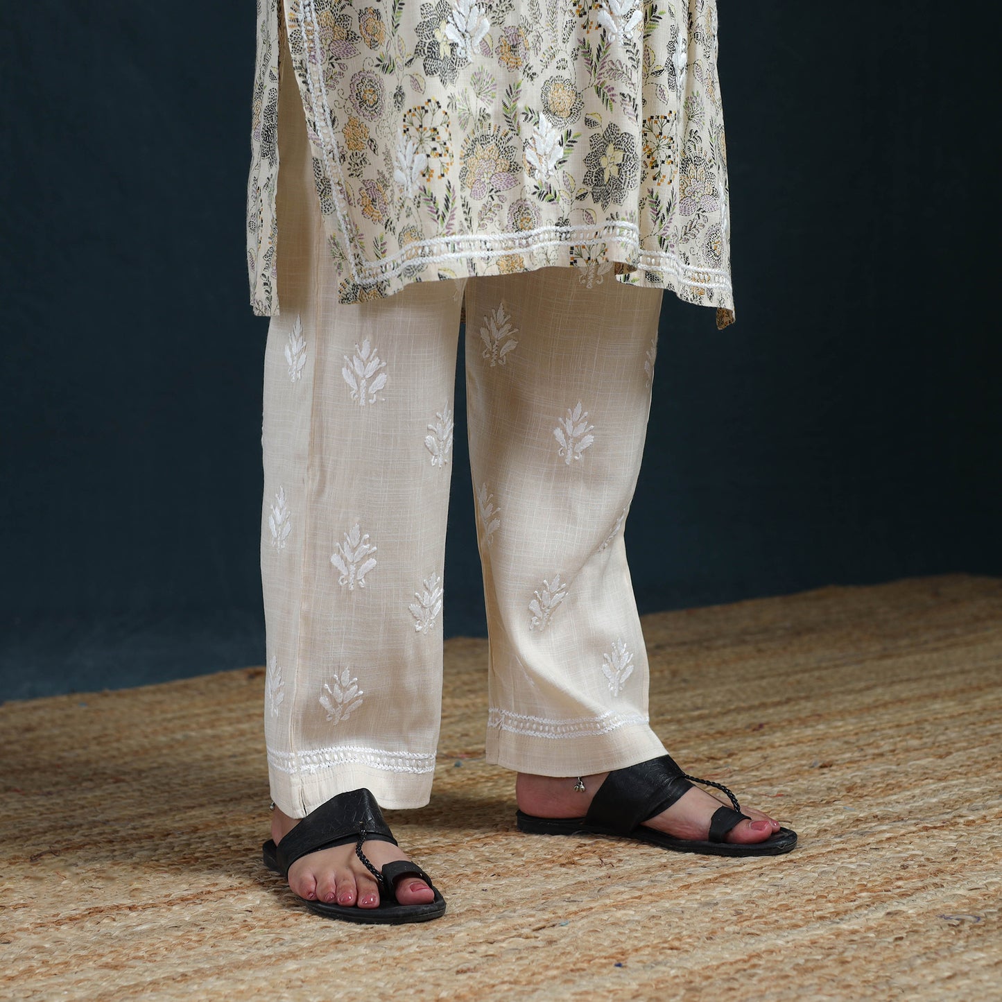 White - Hand Embroidered Printed Cotton Chikankari Kurta with Pant Set for Women 28