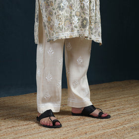White - Hand Embroidered Printed Cotton Chikankari Kurta with Pant Set for Women 28