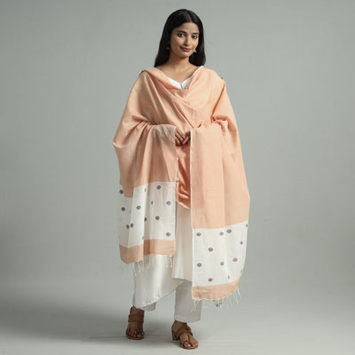 Peach - Phulia Bengal Jamdani Handloom Pure Cotton Dupatta 26