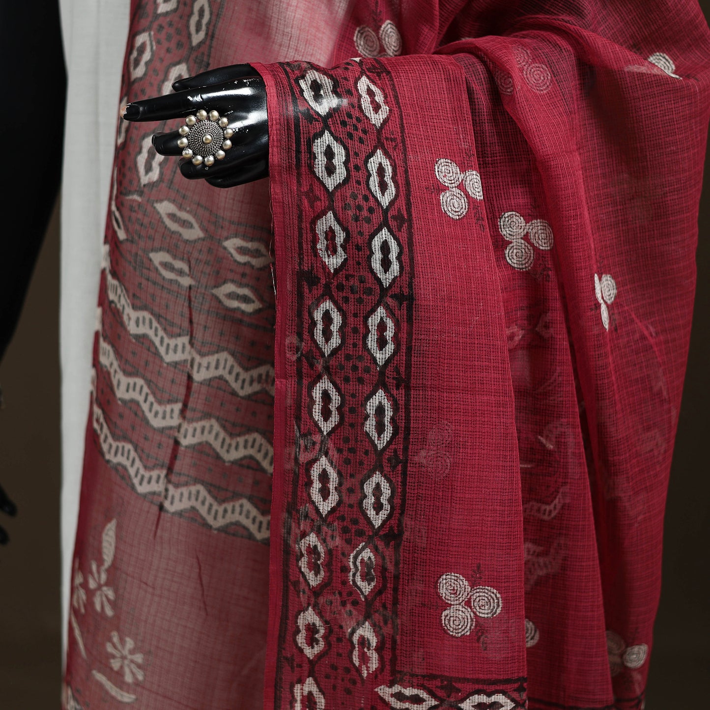 Red - Akola Hand Block Print Natural Dyed Kota Doria Cotton Dupatta 27