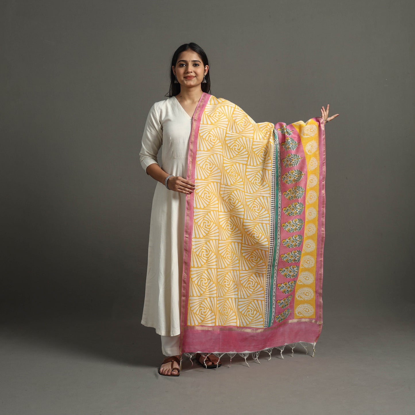 Yellow - Block Printed Chanderi Silk Sanganeri Dupatta 43