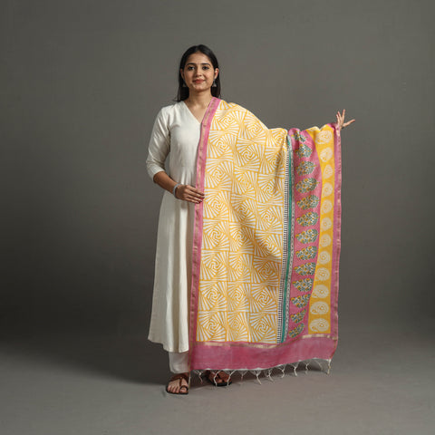 Yellow - Block Printed Chanderi Silk Sanganeri Dupatta 43