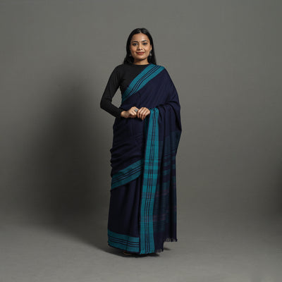 Blue - Kumaun Handwoven Pure Merino Woolen Saree 09