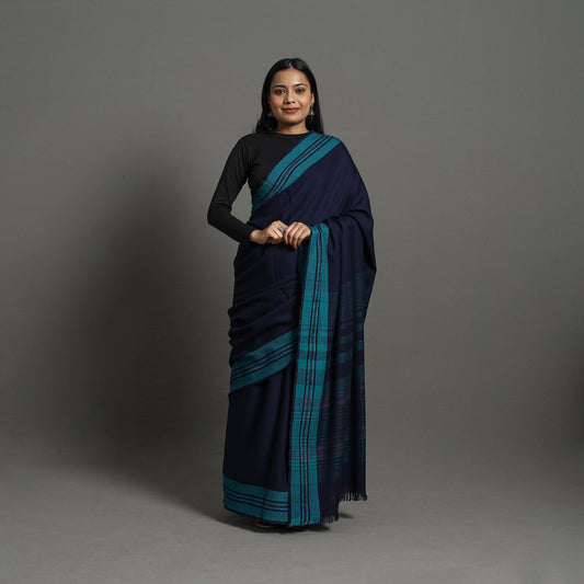 Blue - Kumaun Handwoven Pure Merino Woolen Saree 09