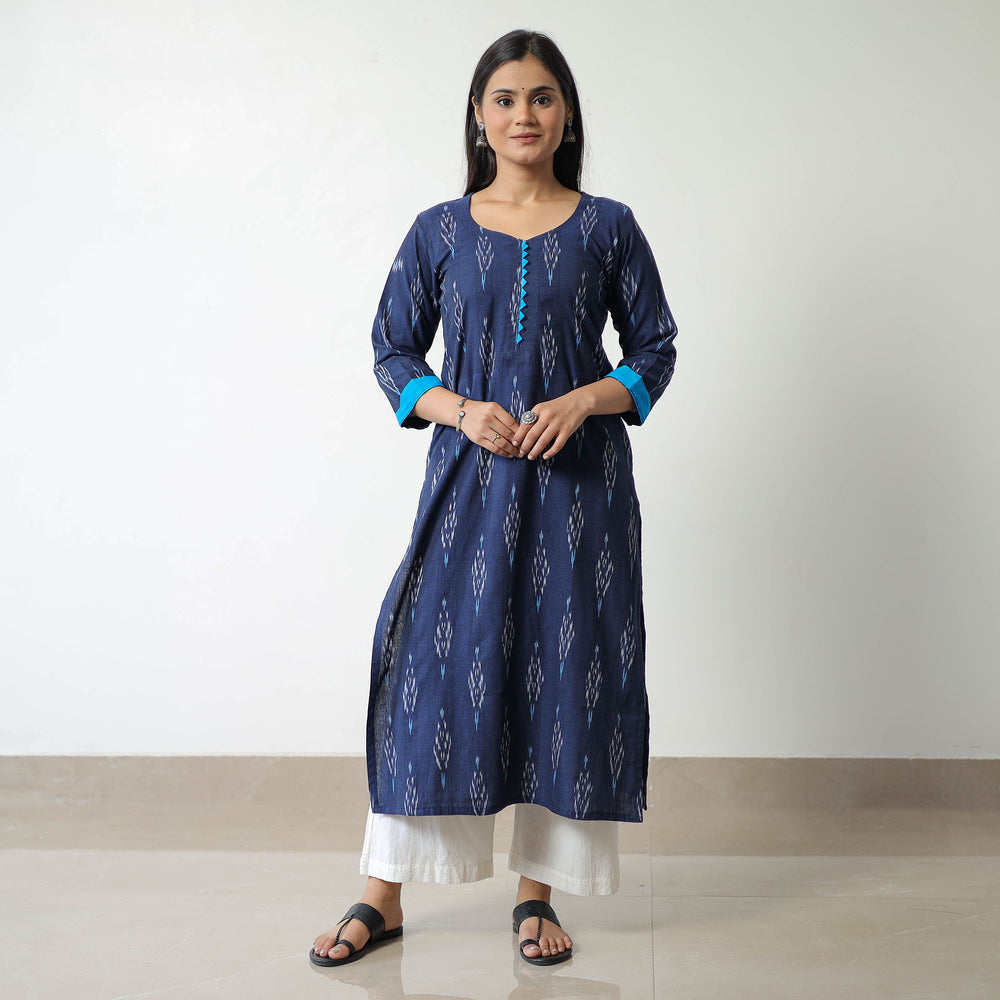 Blue - Pochampally Ikat Weave Cotton Straight Kurta 06