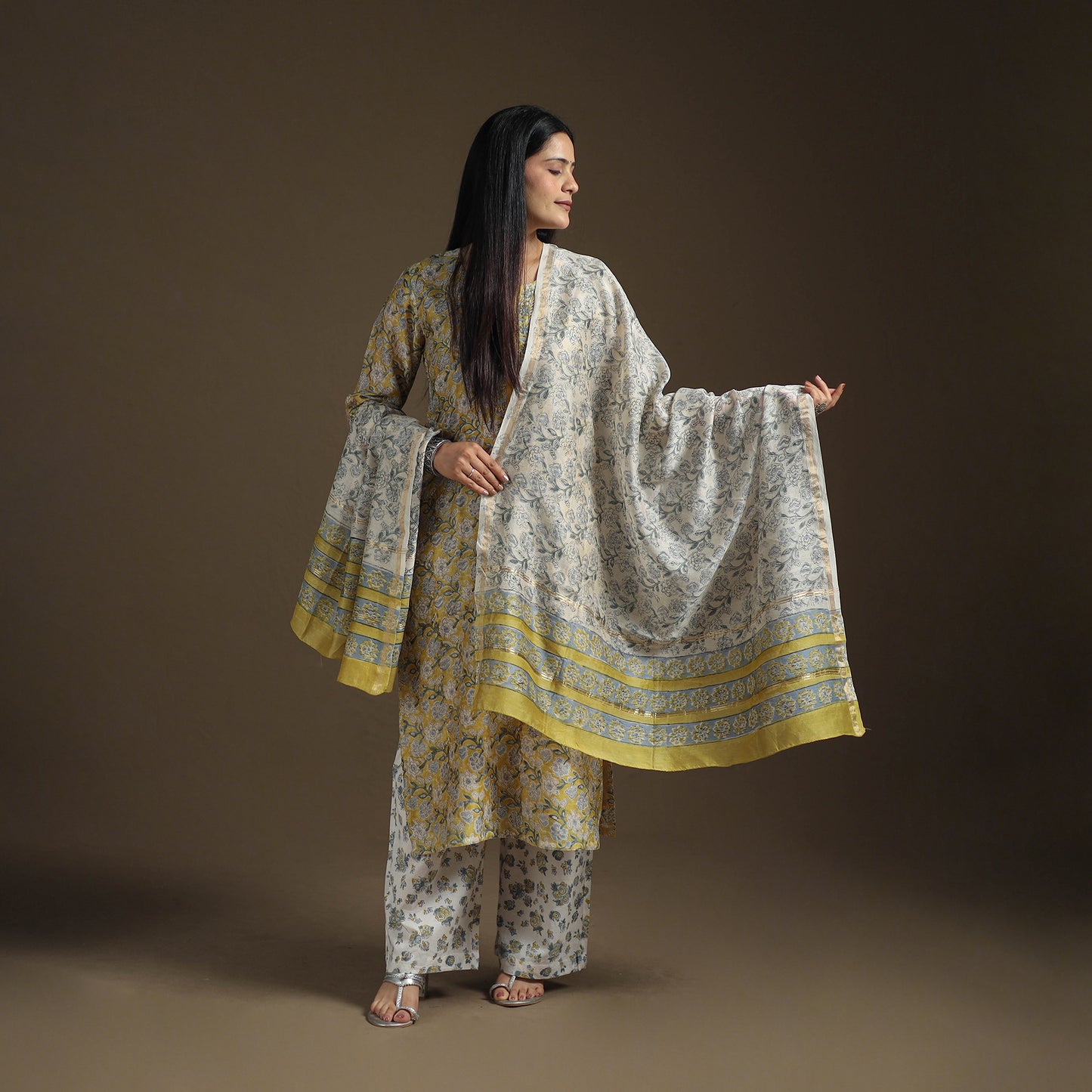 Gota Work Sanganeri Hand Block Print Chanderi Silk Suit Set with Dupatta for Women 07
