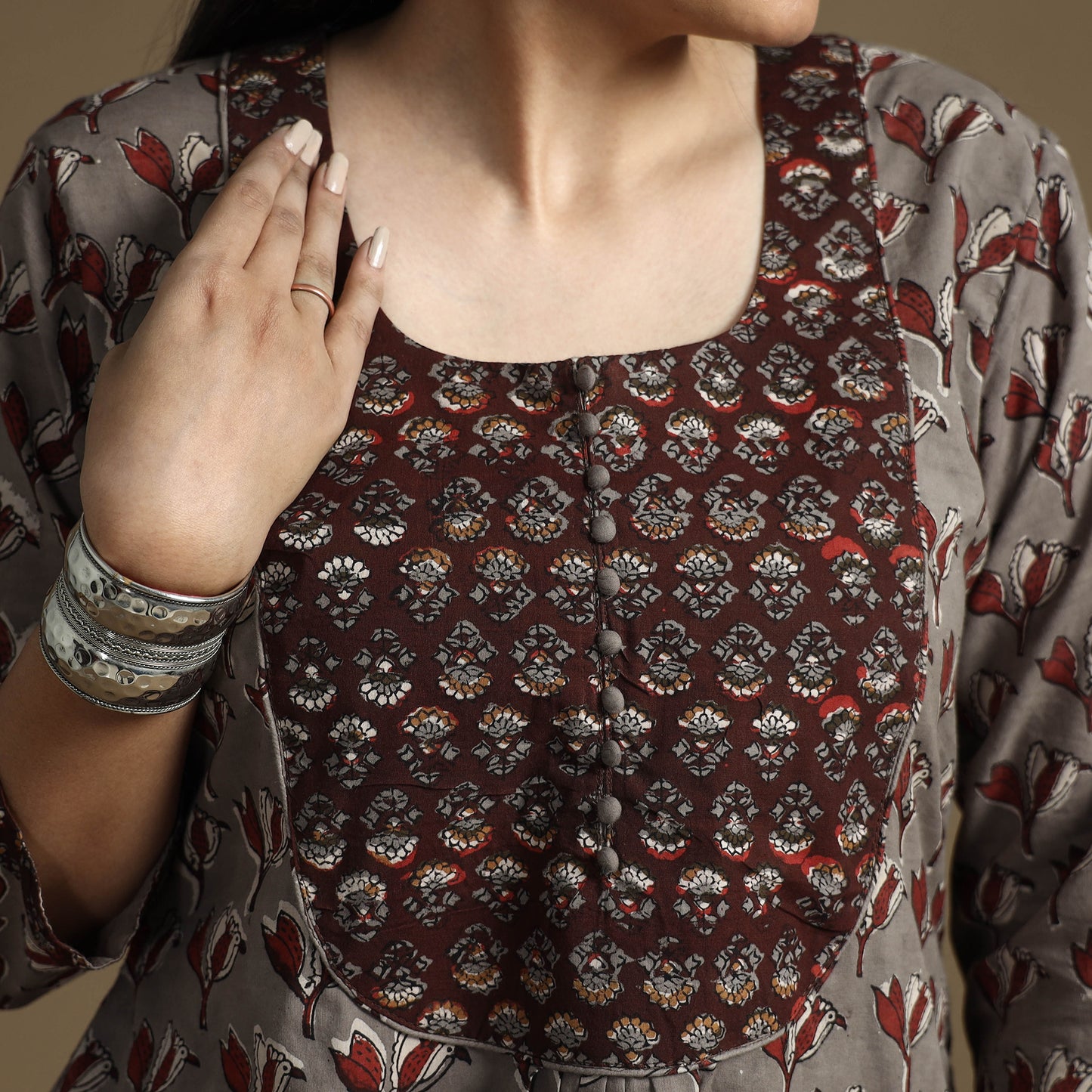 Brown - Bagru Hand Block Printed Cotton A-Line Long Kurta