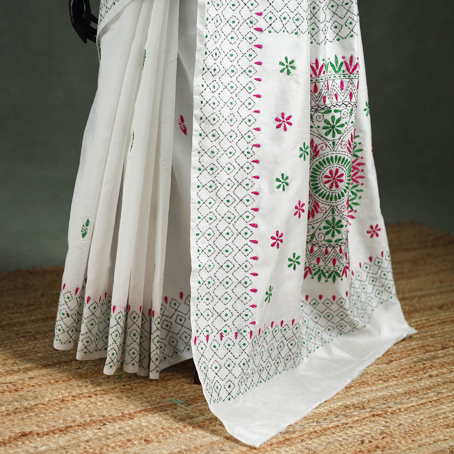 White - Bengal Nakshi Kantha Hand Embroidered Silk Saree 38