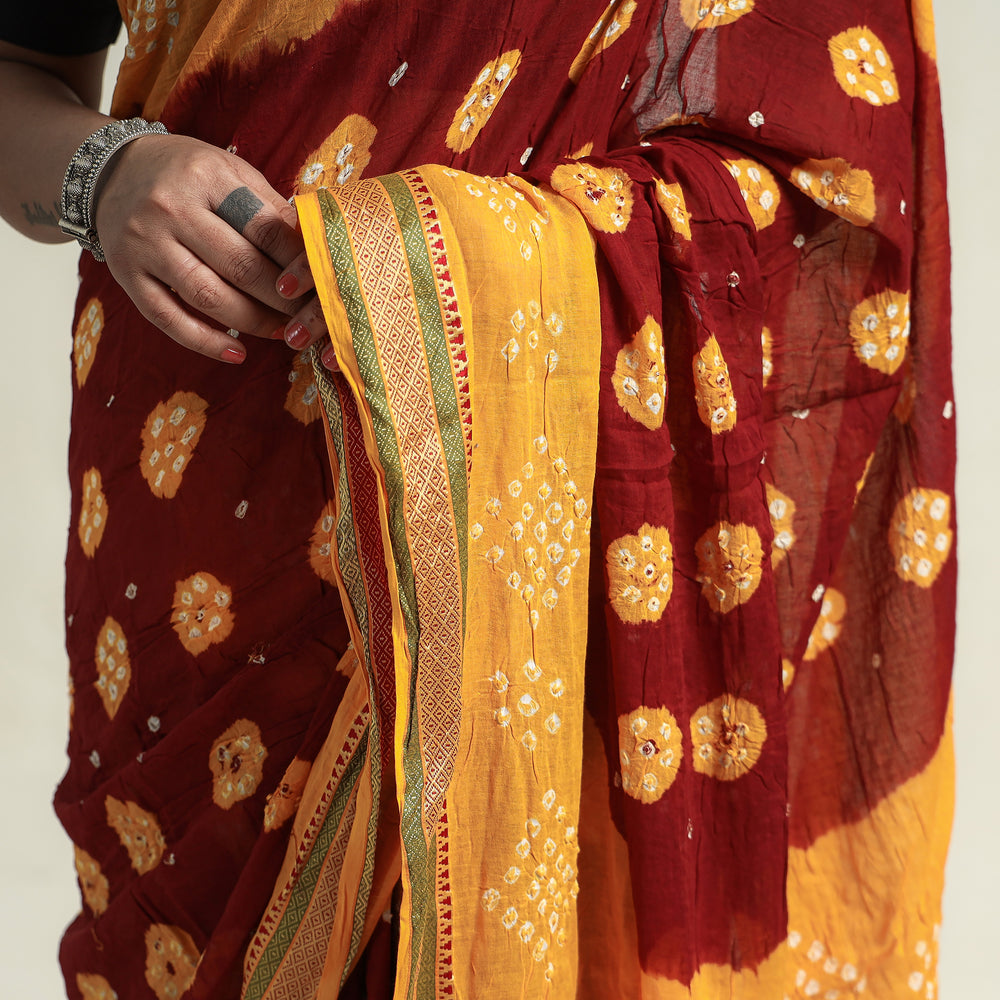 Red - Kutch Bandhani Tie-Dye Cotton Saree with Blouse Piece