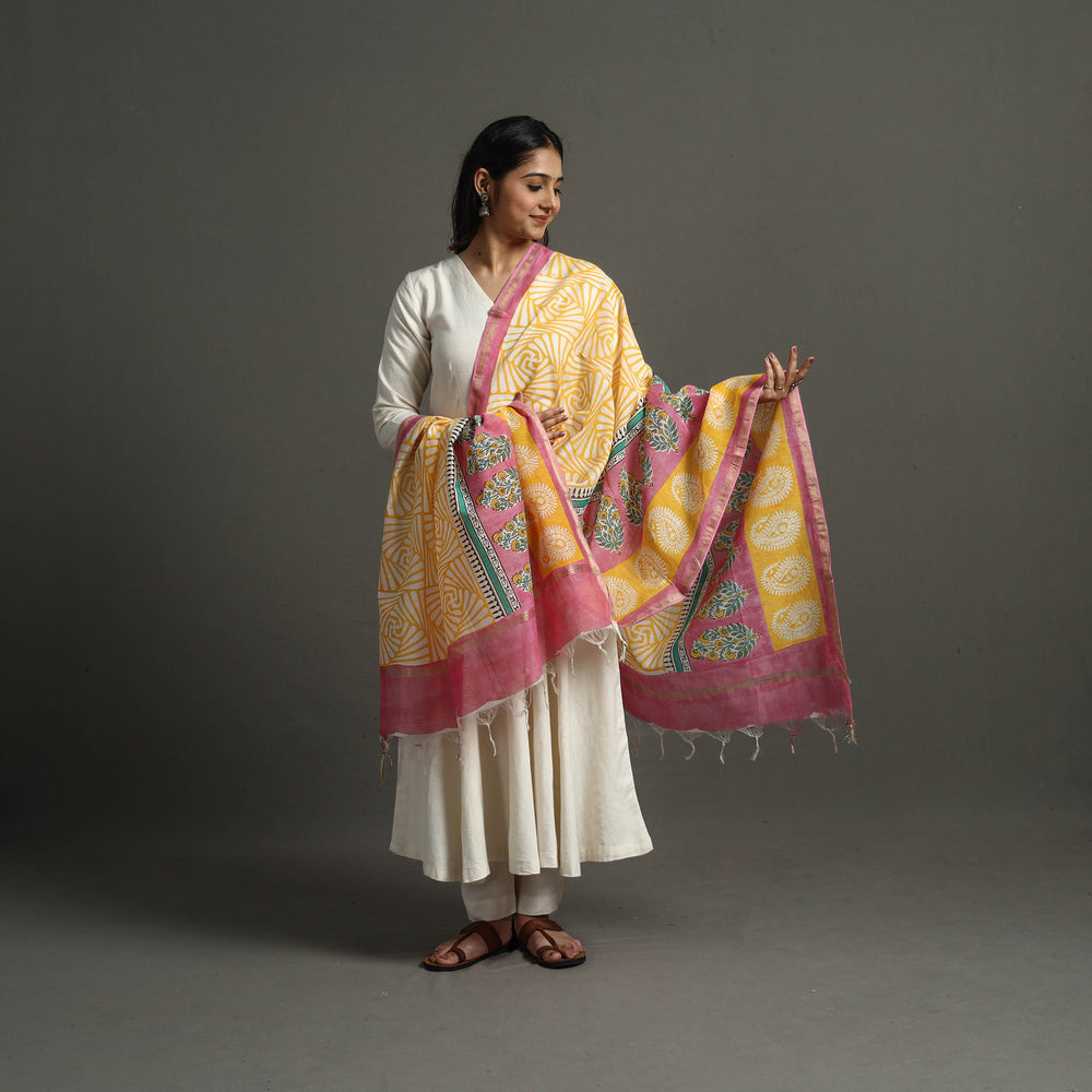 Yellow - Block Printed Chanderi Silk Sanganeri Dupatta 43