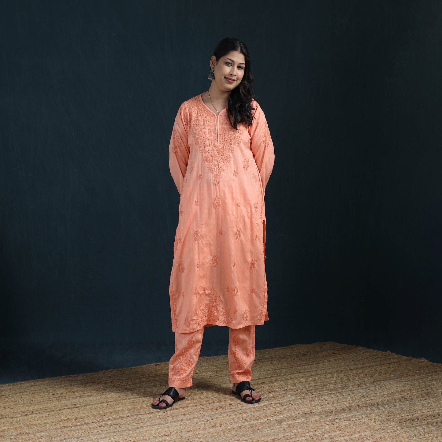 Peach - Hand Embroidered Rayon Cotton Chikankari Kurta with Pant Set for Women 15