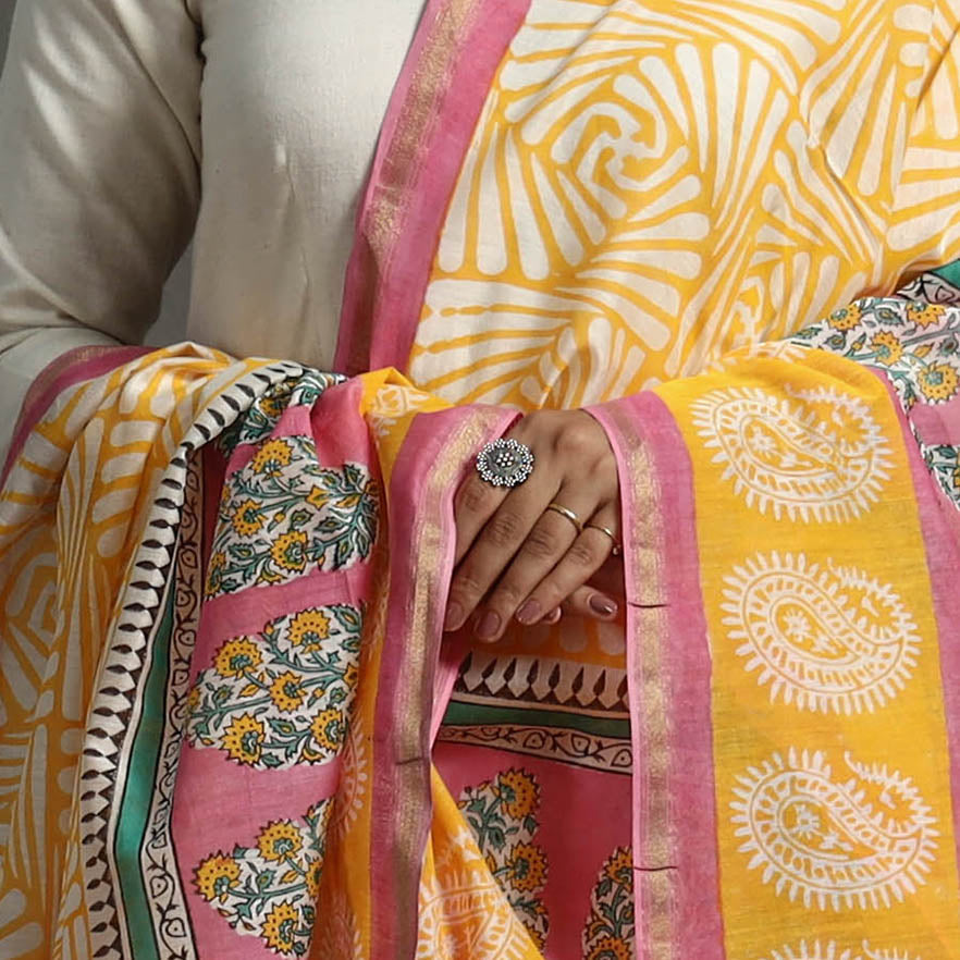 Yellow - Block Printed Chanderi Silk Sanganeri Dupatta 43