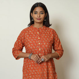 Orange - Pedana Kalamkari Hand Block Printed Cotton Straight Kurta 54