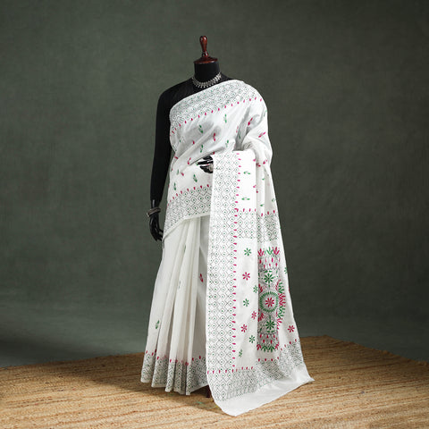 White - Bengal Nakshi Kantha Hand Embroidered Silk Saree 38