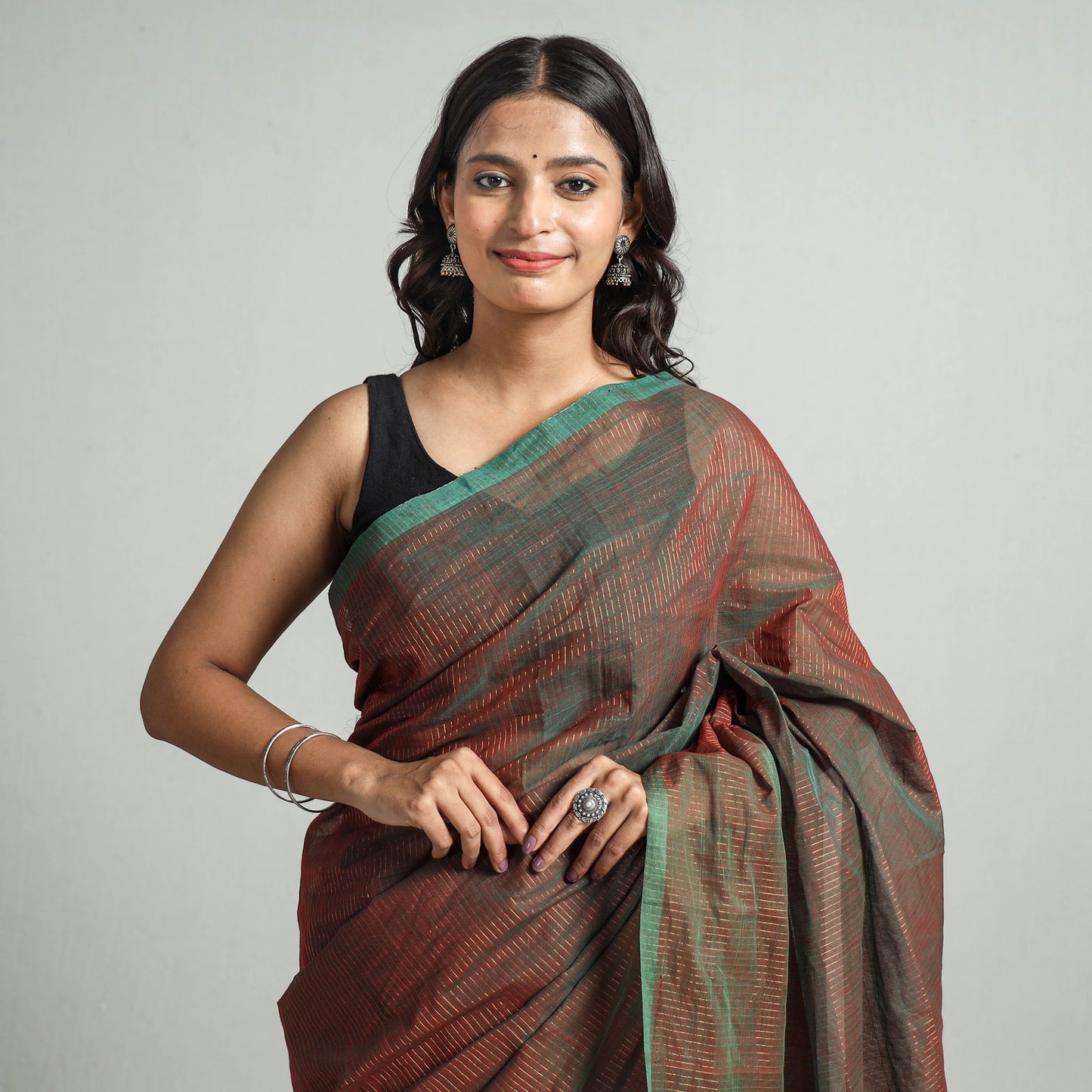 Brown - Traditional Venkatagiri Handloom Cotton Zari Stripe Saree 19