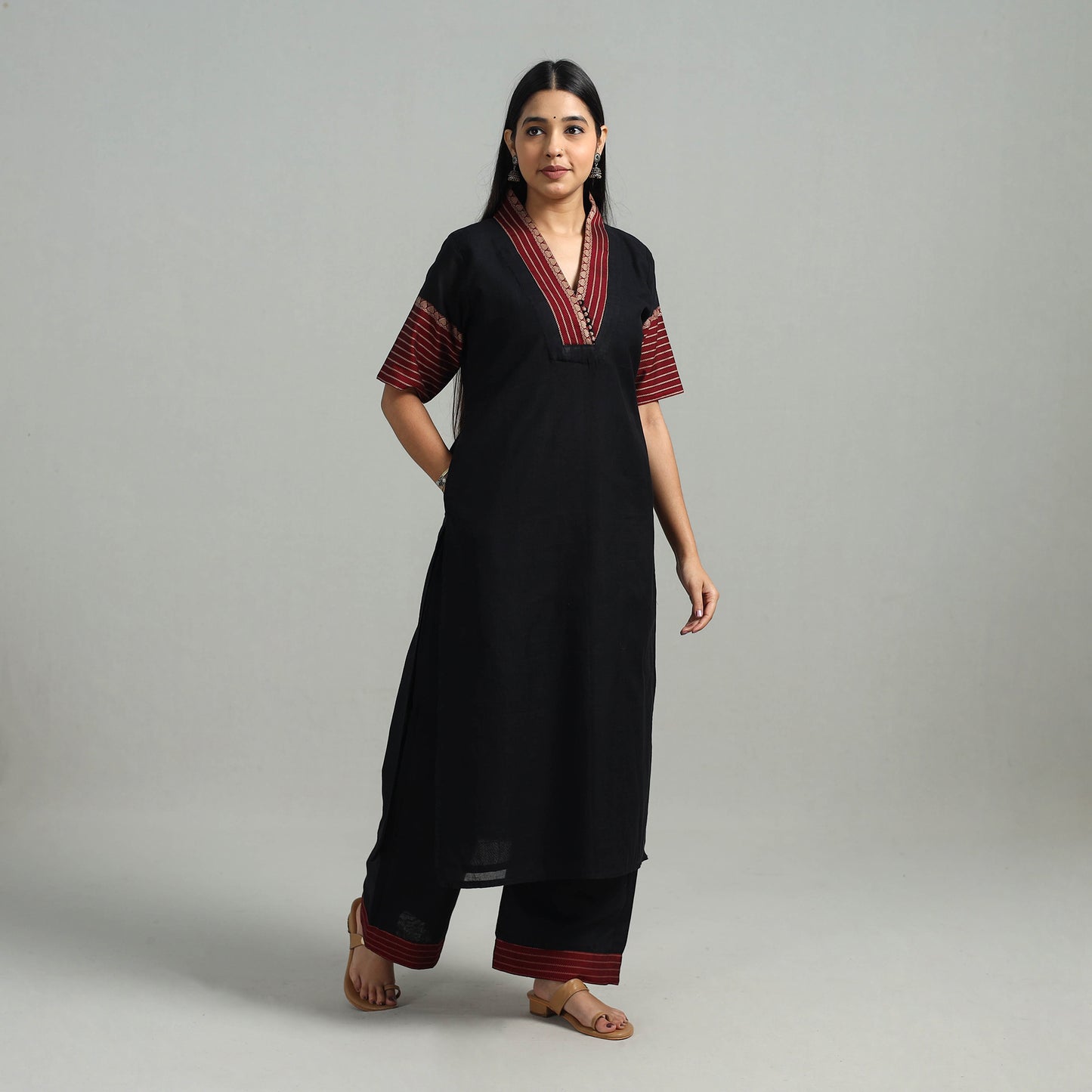 Black - Cotton Dharwad Kurta Set with Palazzo & Dupatta 06