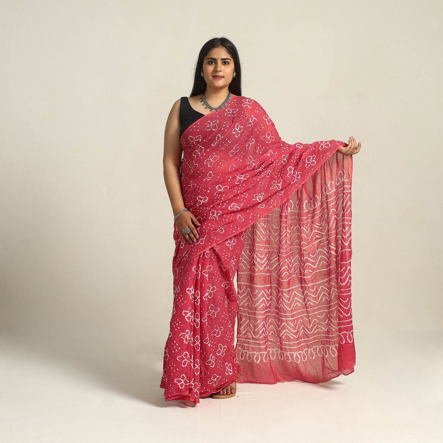 Pink - kutch bandhani tie-dye cotton saree with blouse