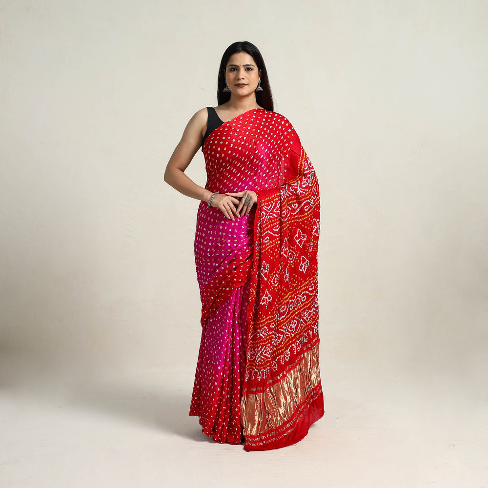 Red - Kutch Tie-Dye Gajji Silk Bandhani Saree with Blouse Piece 12