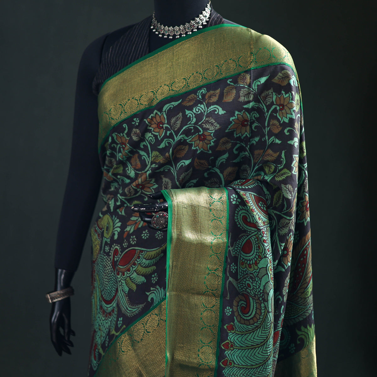 Kanjeevaram Pure Handloom Mulberry Silk Handpainted Srikalahasti Pen Kalamkari Saree with Zari Work 17