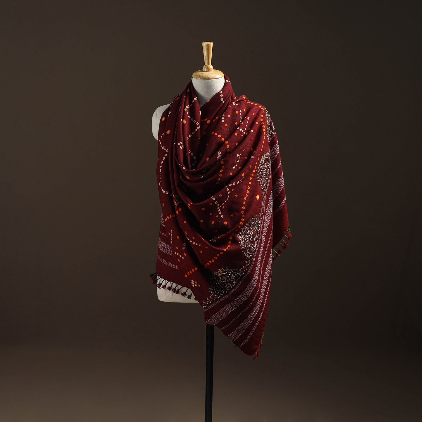 Kutch Bandhani Handwoven Neran Hand Embroidery Merino Wool Shawl 46