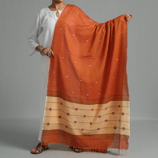 Orange - Phulia Bengal Jamdani Handloom Pure Cotton Dupatta