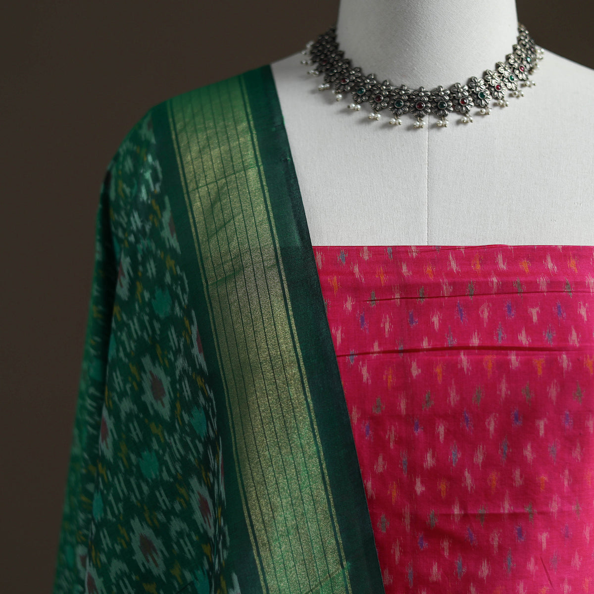 Pochampally Ikat Handloom Sico Unstitched Dress Material: Kurta with Dupatta 19
