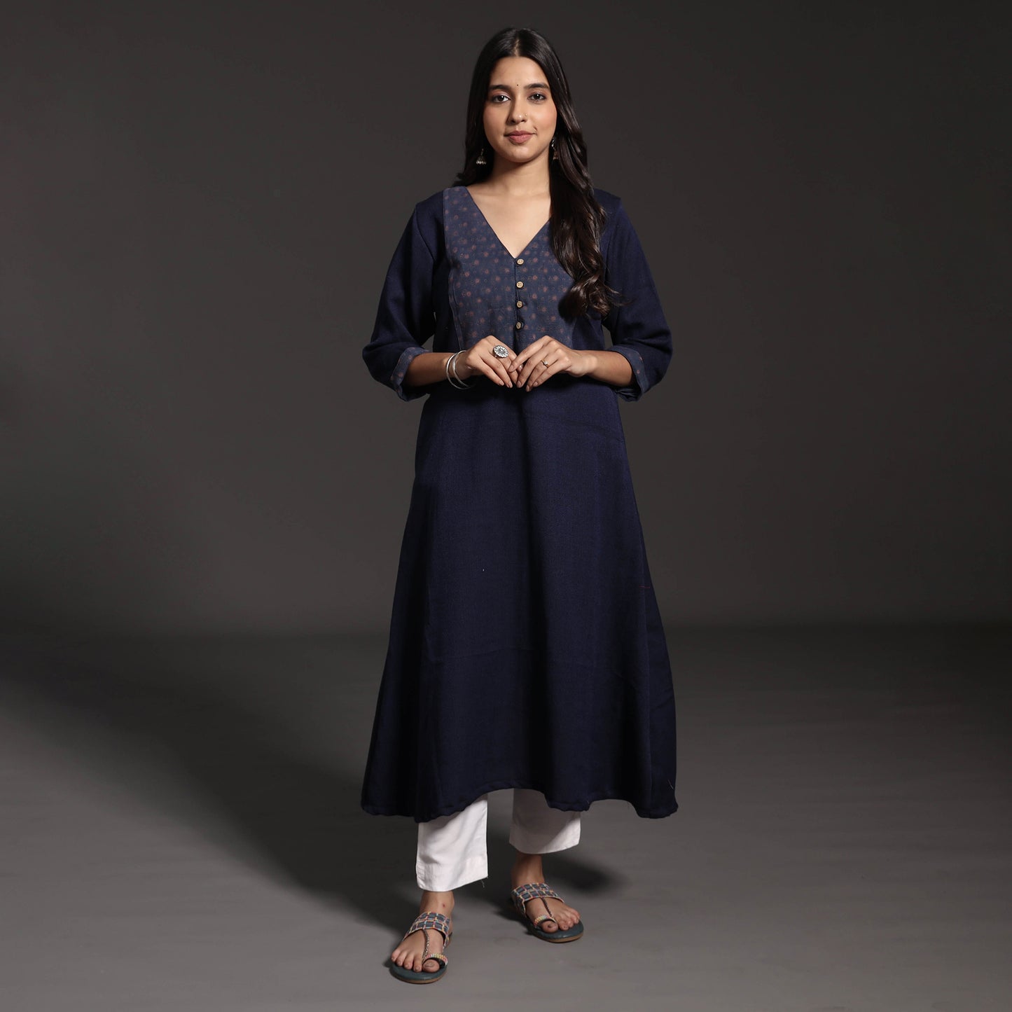 Kumaun Handwoven Merino Wool with Ajrakh Patchwork A-Line Long Kurta