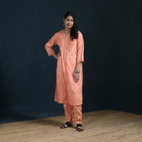 Peach - Hand Embroidered Rayon Cotton Chikankari Kurta with Pant Set for Women 15