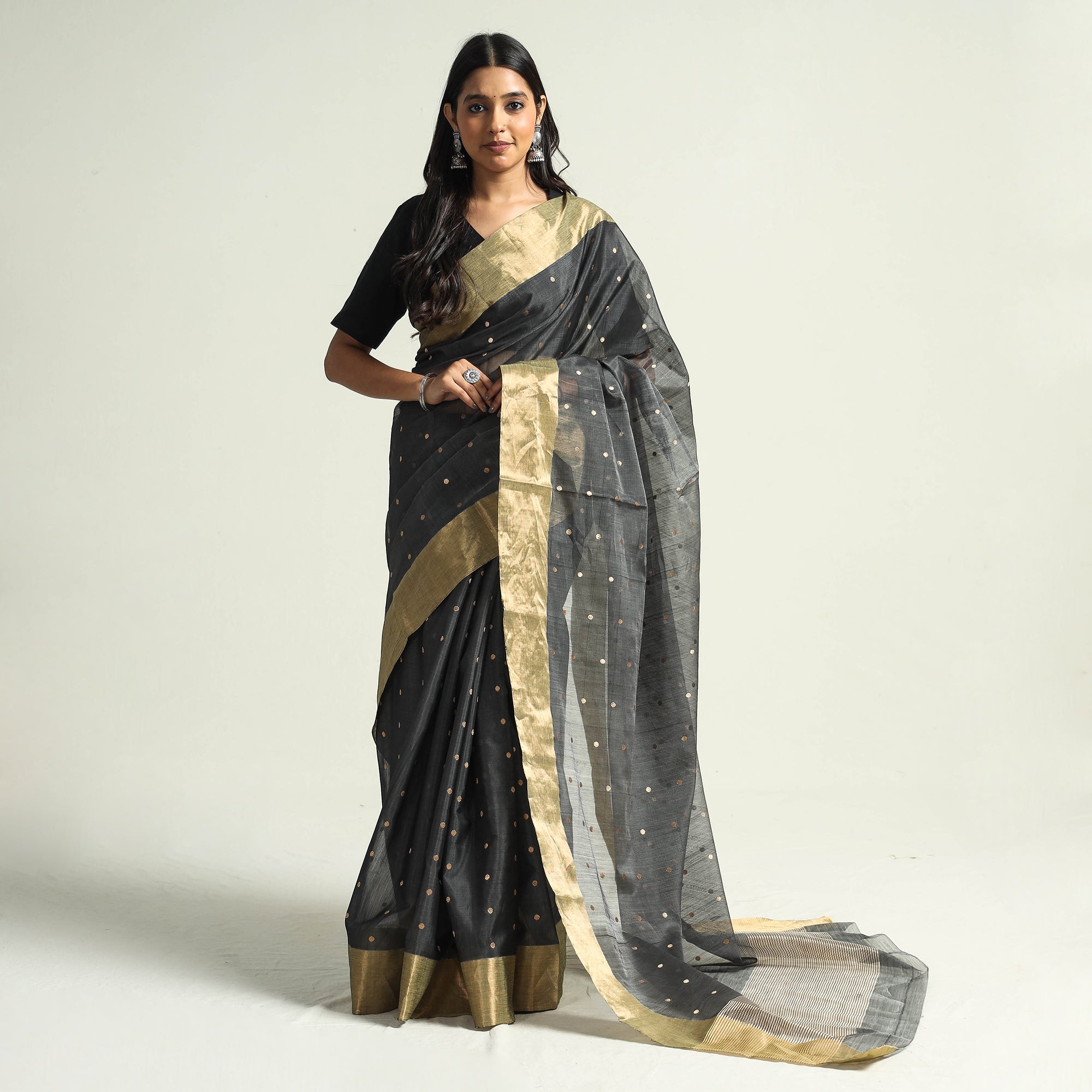 Black Chanderi Silk Saree with Woven Gold and Silver Zari Deer Motifs