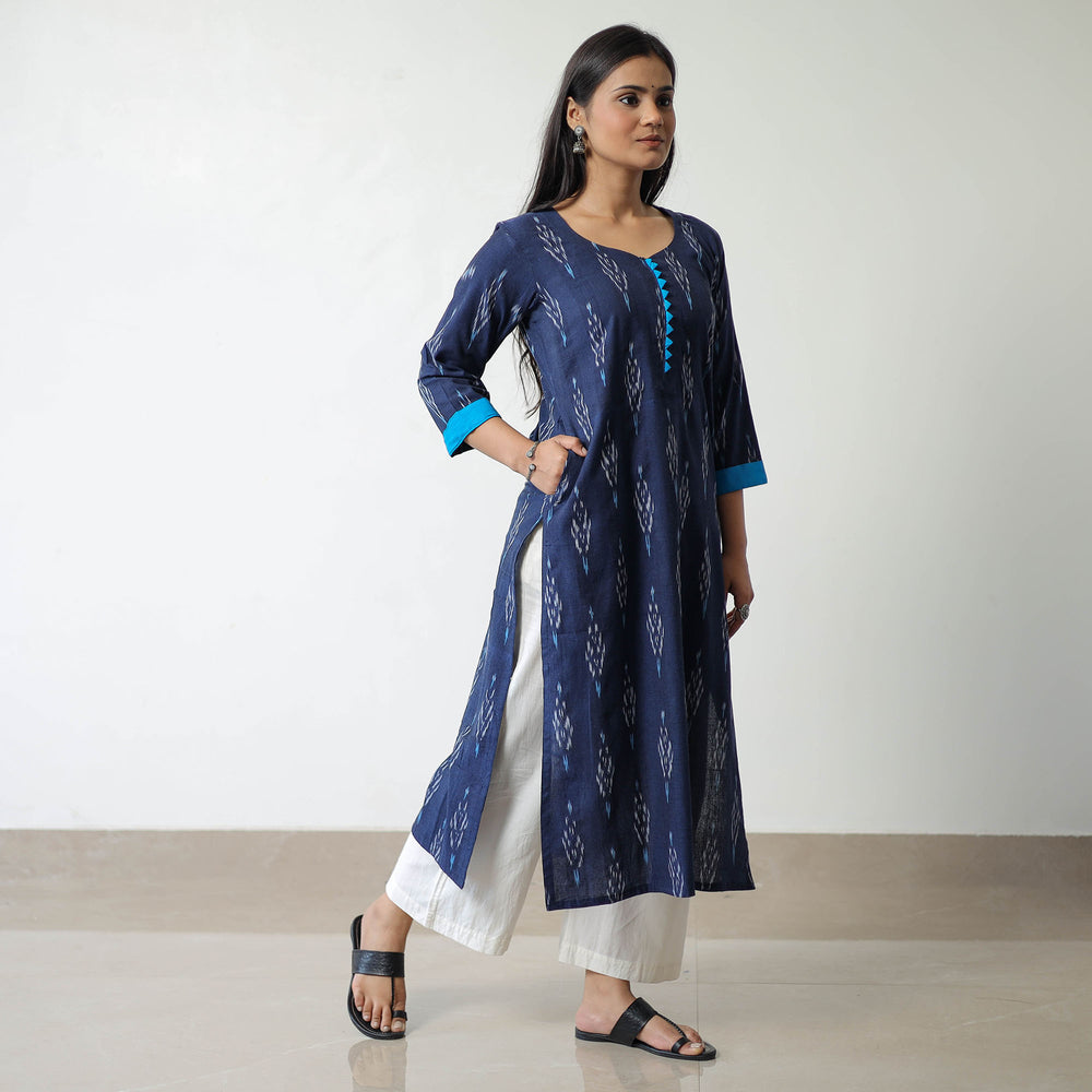 Blue - Pochampally Ikat Weave Cotton Straight Kurta 06