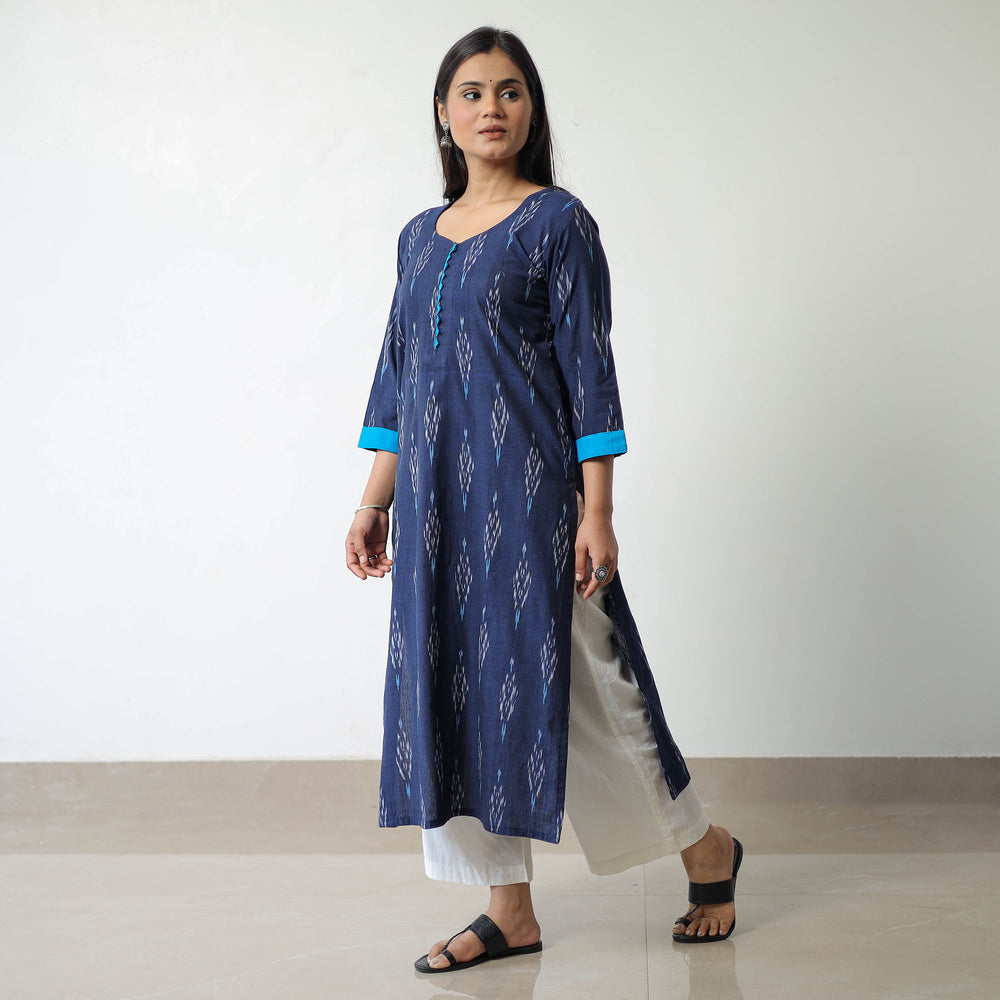 Blue - Pochampally Ikat Weave Cotton Straight Kurta 06