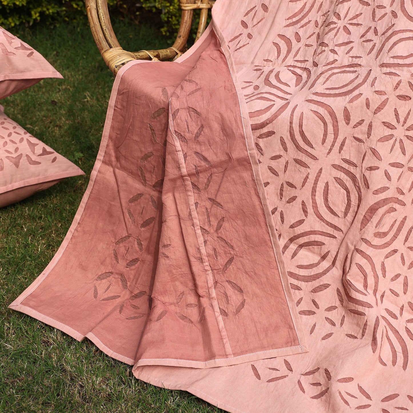 Pink - Barmer Applique Cut Work Cotton Double Bed Cover with Pillow Covers (108 x 90 in)