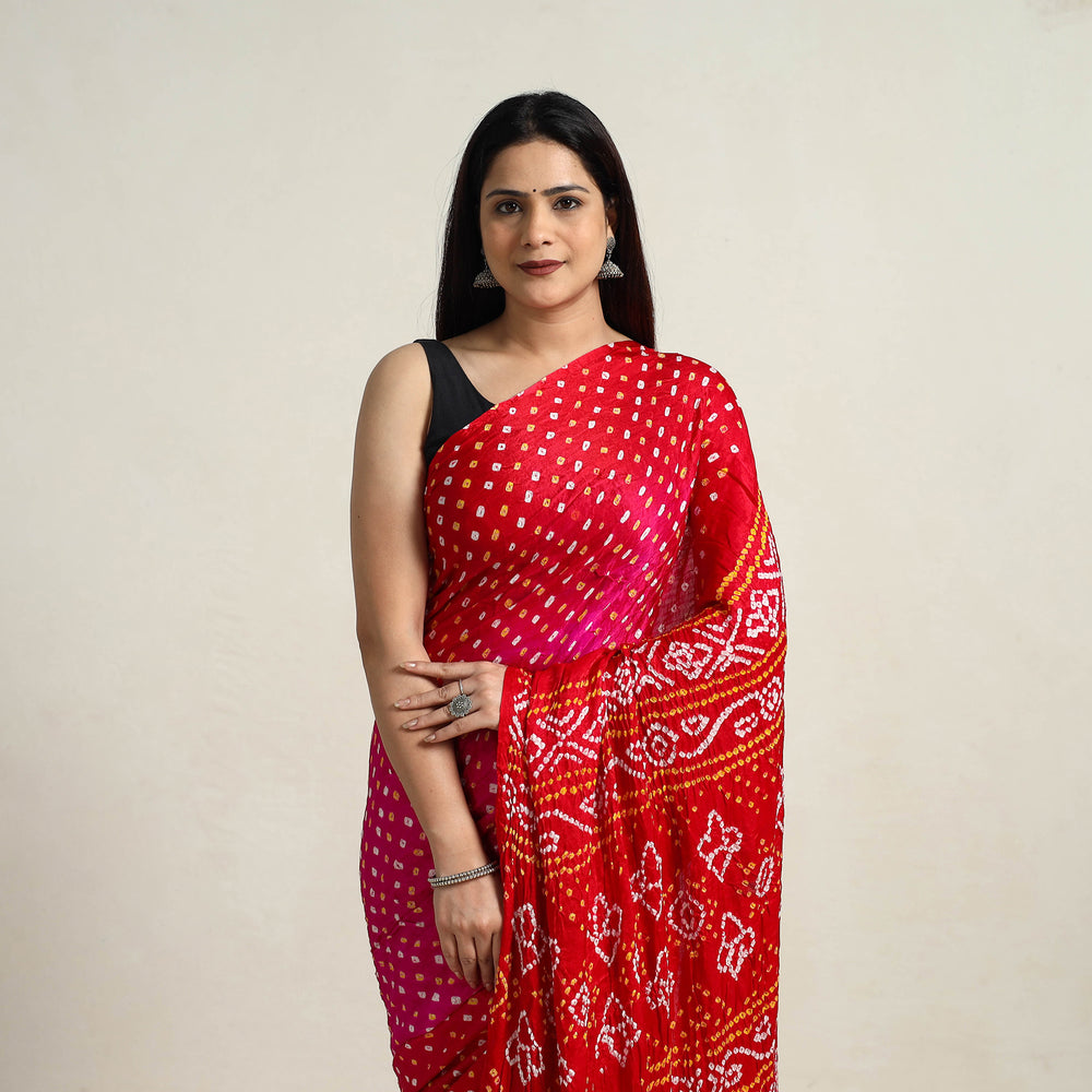 Red - Kutch Tie-Dye Gajji Silk Bandhani Saree with Blouse Piece 12