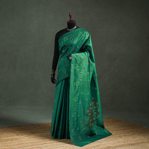 Green - Bengal Nakshi Kantha Hand Embroidered Silk Saree 39