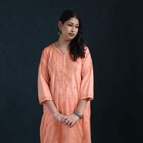 Peach - Hand Embroidered Rayon Cotton Chikankari Kurta with Pant Set for Women 15