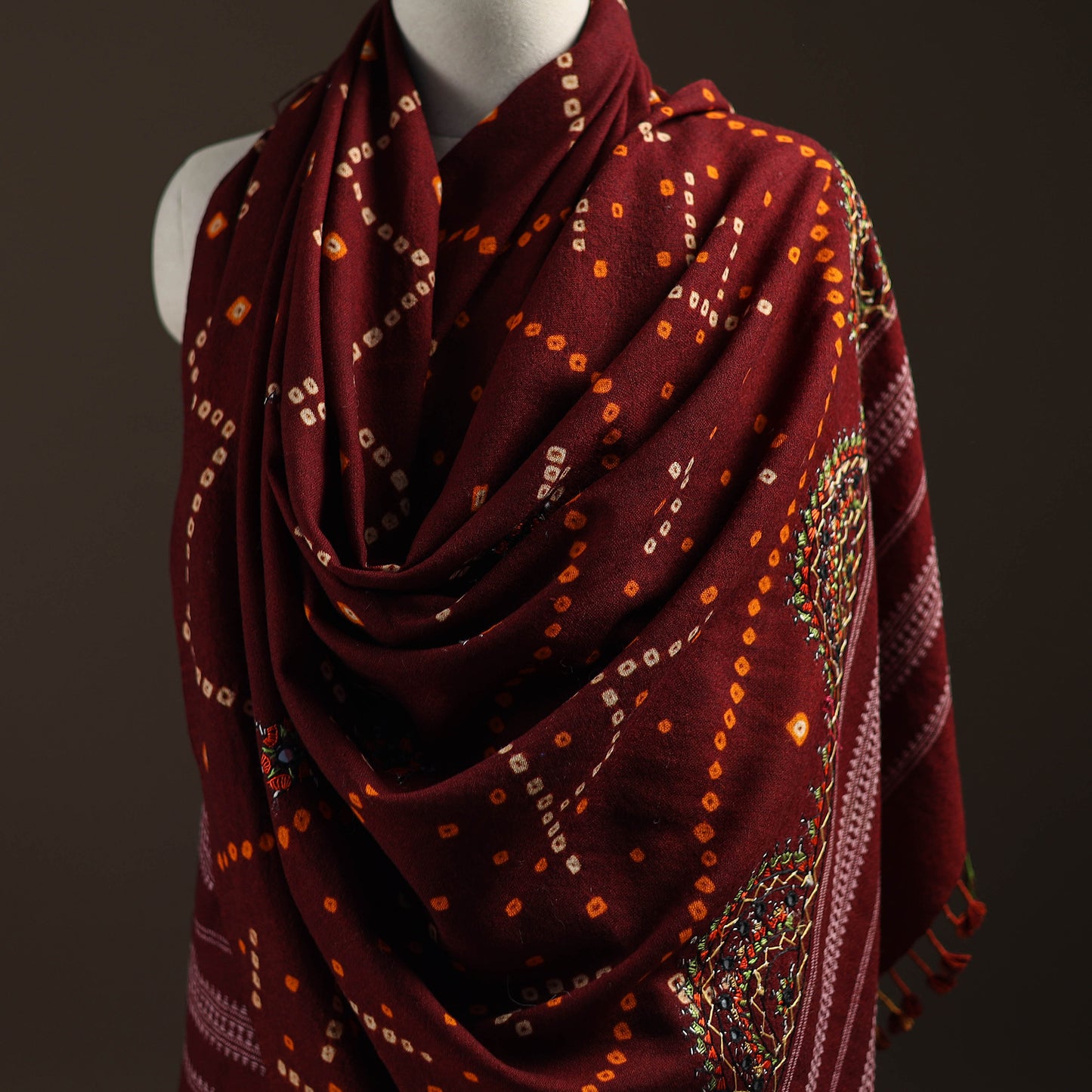 Kutch Bandhani Handwoven Neran Hand Embroidery Merino Wool Shawl 46